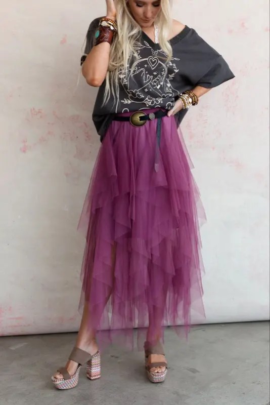 Boho ballerina maxi skirt with a black graphic tee