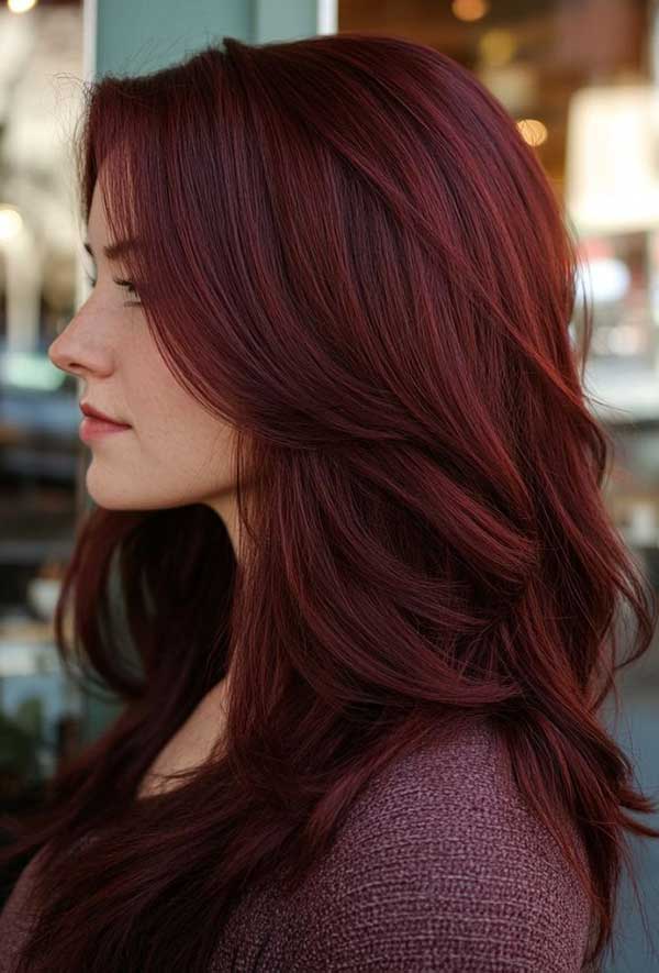 Woman with deep burgundy layered hair