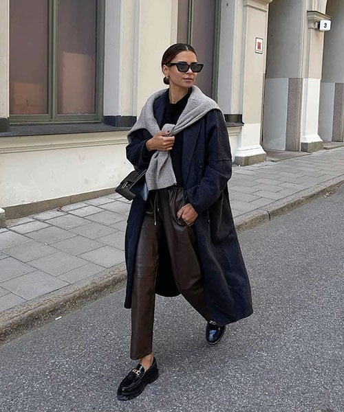 Leather Trousers, a Dark Top and a Long Wool Coat loafer outfit