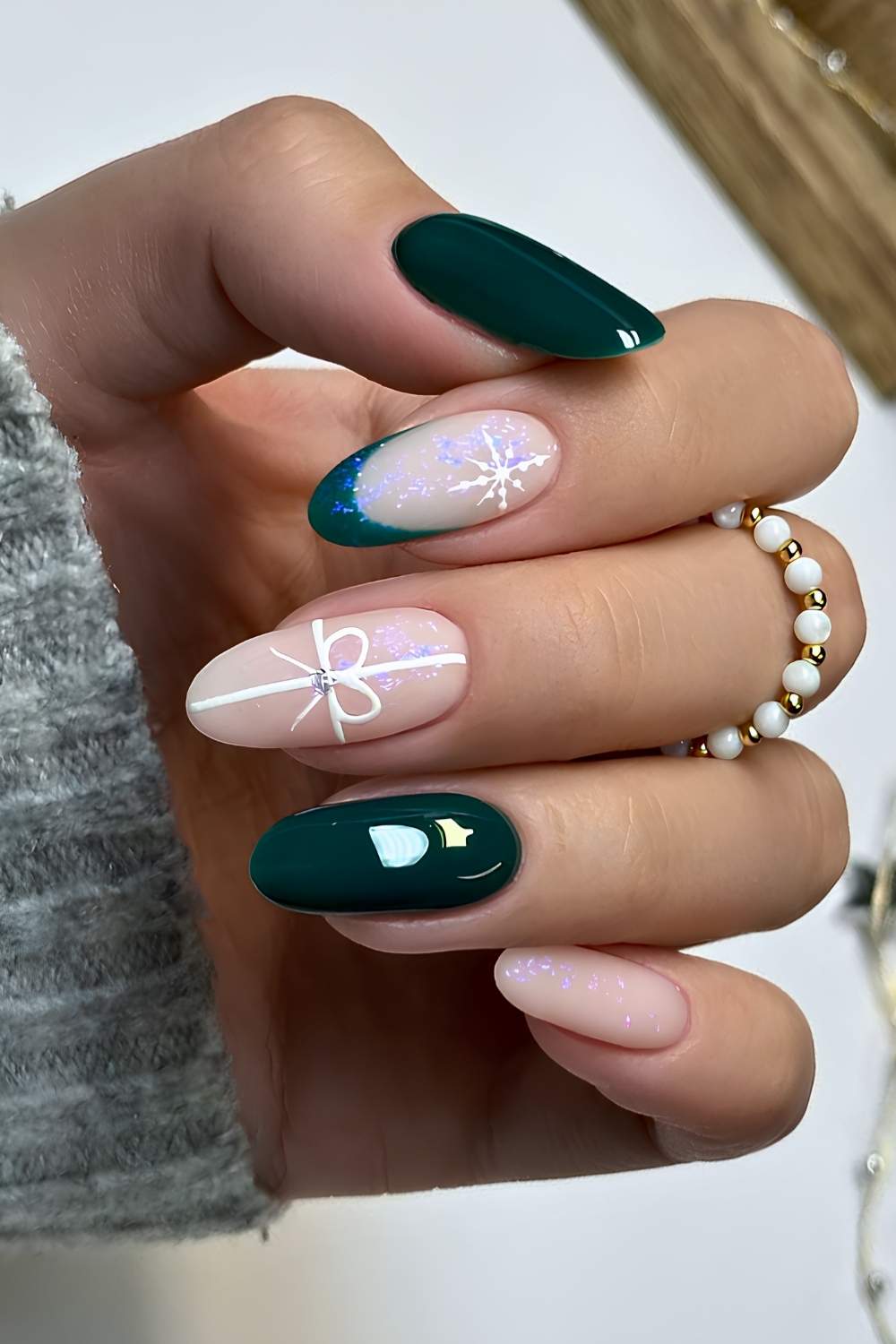 Dark Green and White Motif Mix green christmas nail design
