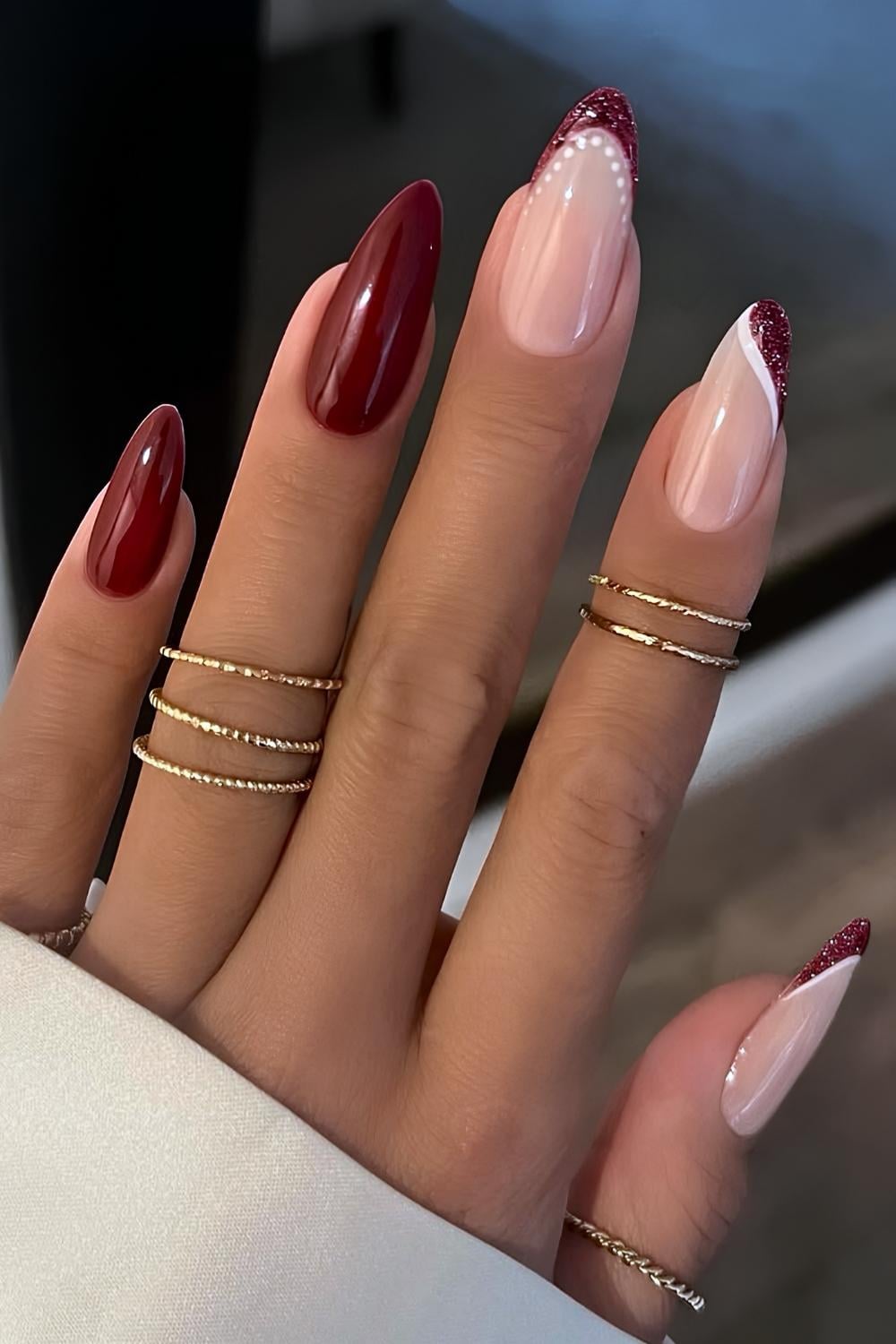 Dark Red Nails with Glitter and Fine White Lines christmas acrylic nail design