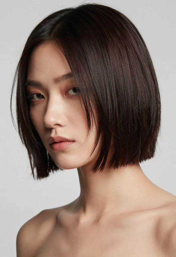 Sleek chin-length bob with a deep side part, straight and glossy