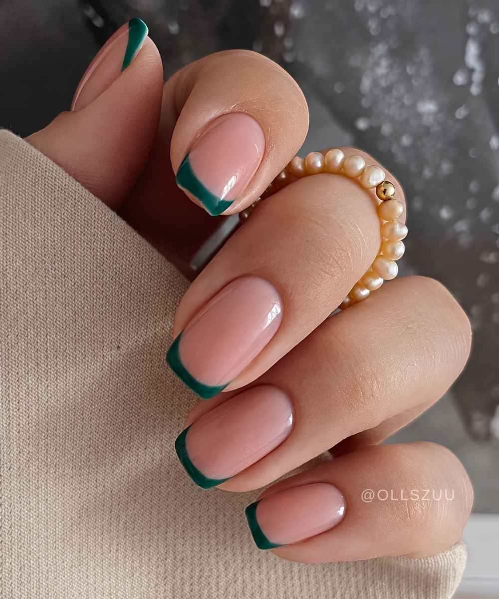 Deep Forest Green Micro French Nails dark green winter nail design