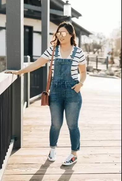 Striped tee and denim overalls weekend outfit