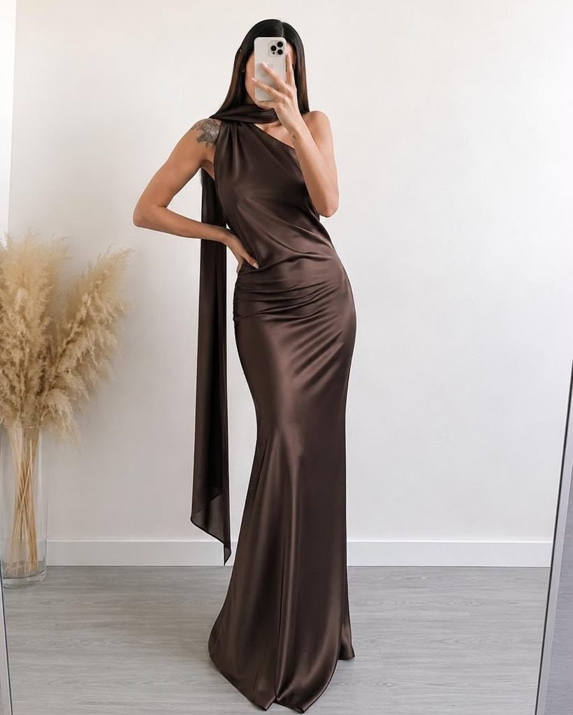 Dark Brown One-Shoulder Draped Gown dinner dress