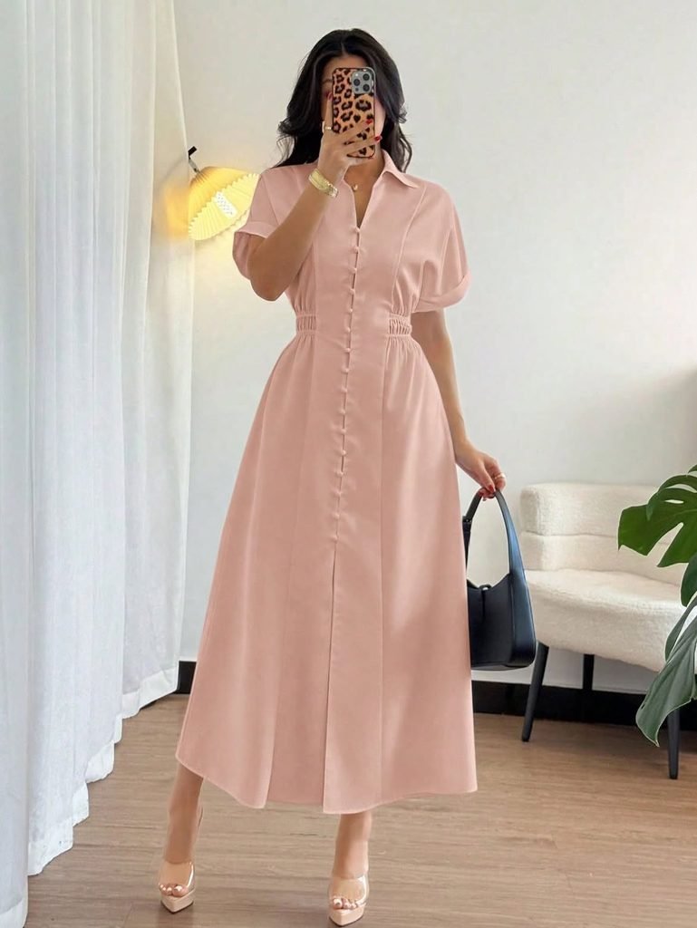 Light Pink Button-Front Shirt Midi Dress dinner dress
