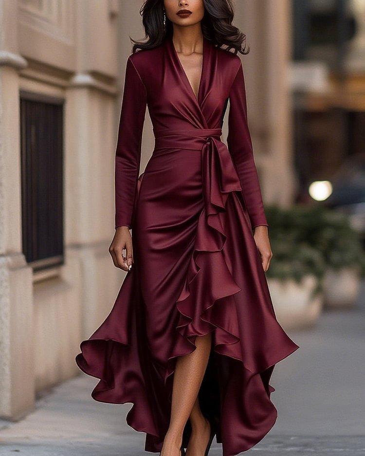 Burgundy Satin Wrap Gown With Ruffled Details dinner dress