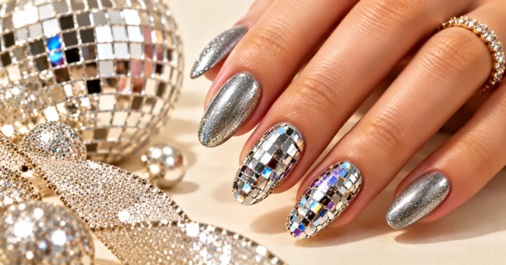 Mirror Mosaic Squares for the Dance Floor simple new years nails design
