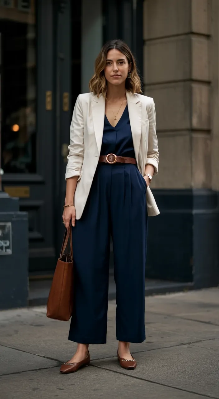 Navy Belted Jumpsuit Topped With a Cream Blazer smart casual outfit