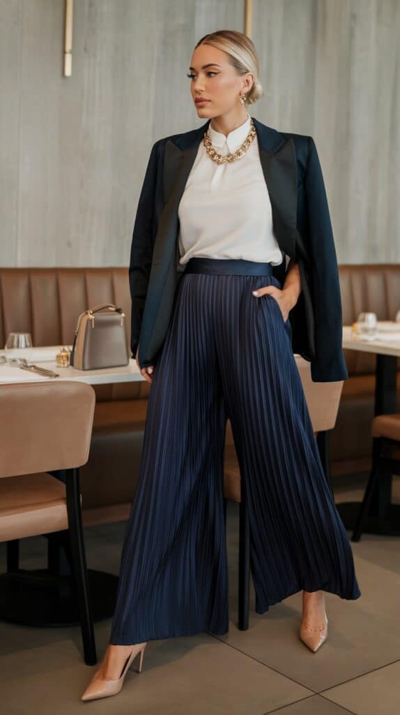 Pleated Satin Trousers with a Tucked Top dinner outfit