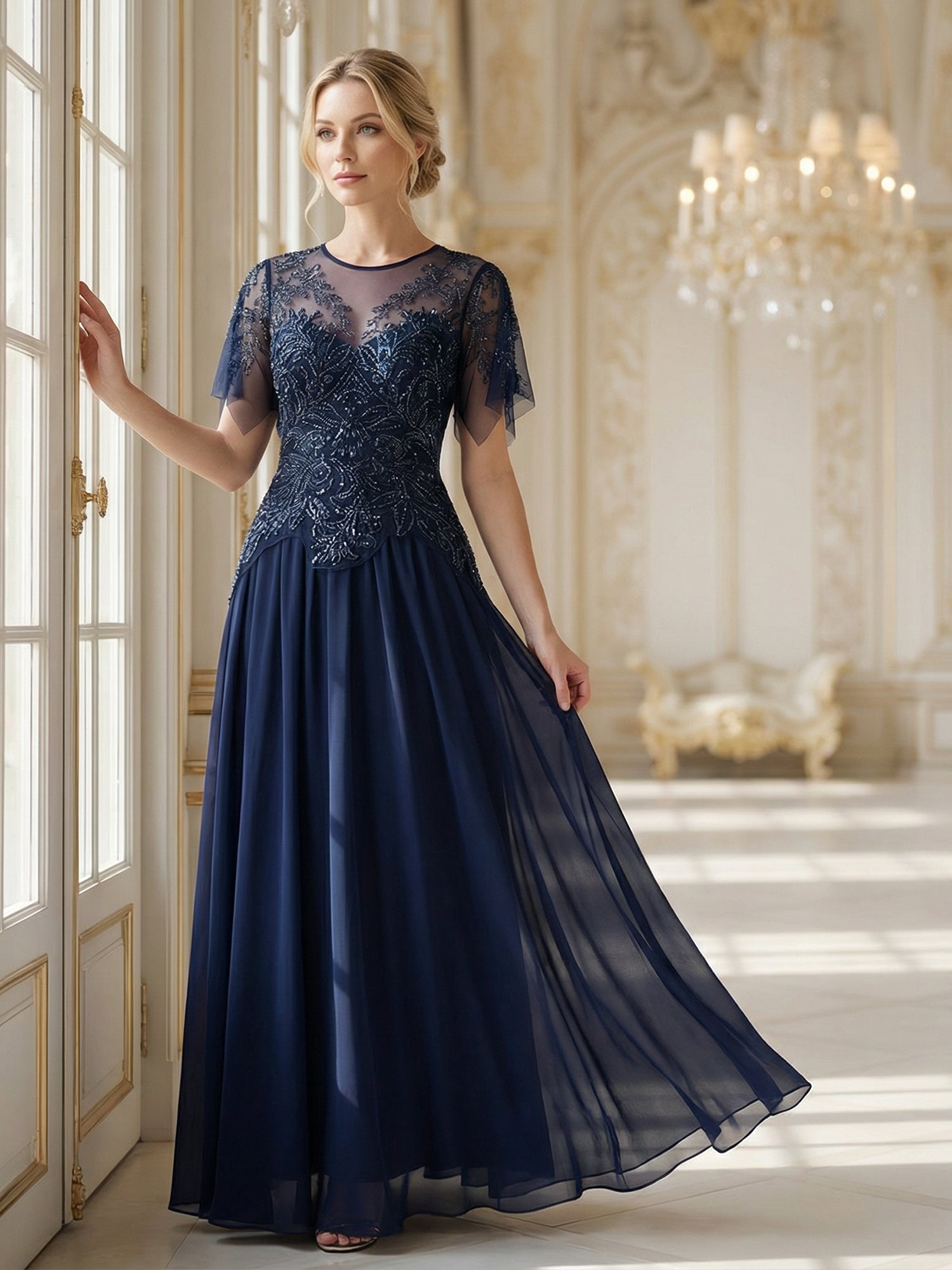 Navy Beaded Chiffon Midi Dress With a Satin Wrap dinner dress