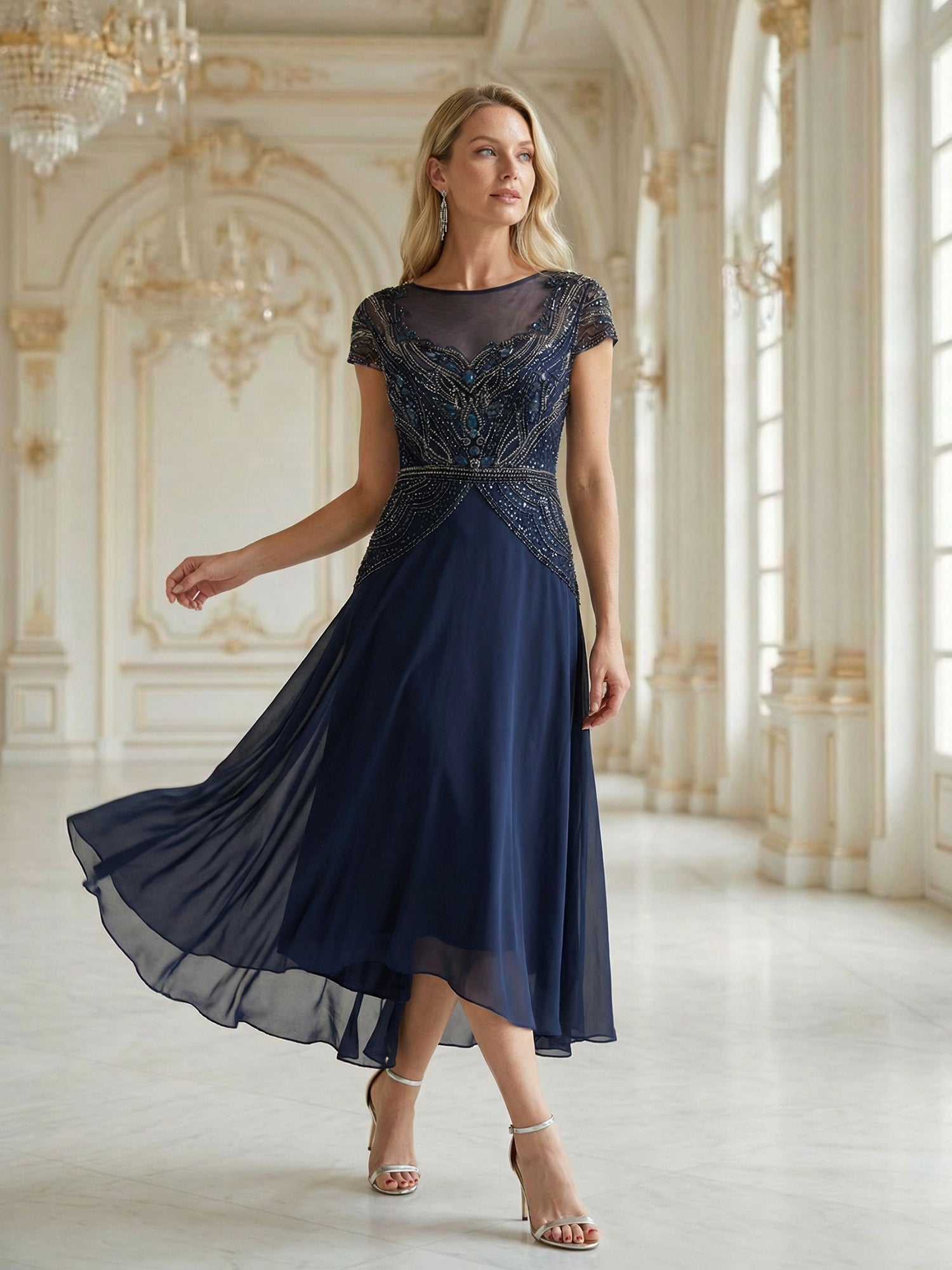 Navy Art Deco Beaded Chiffon Midi Dress dinner dress