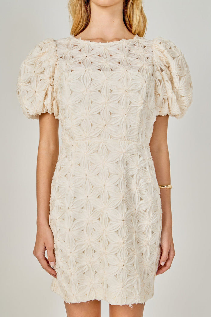 Cream textured puff-sleeve mini dress