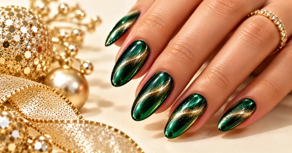 Deep Emerald with a Magnetic Cat-Eye Glow simple new years nails design