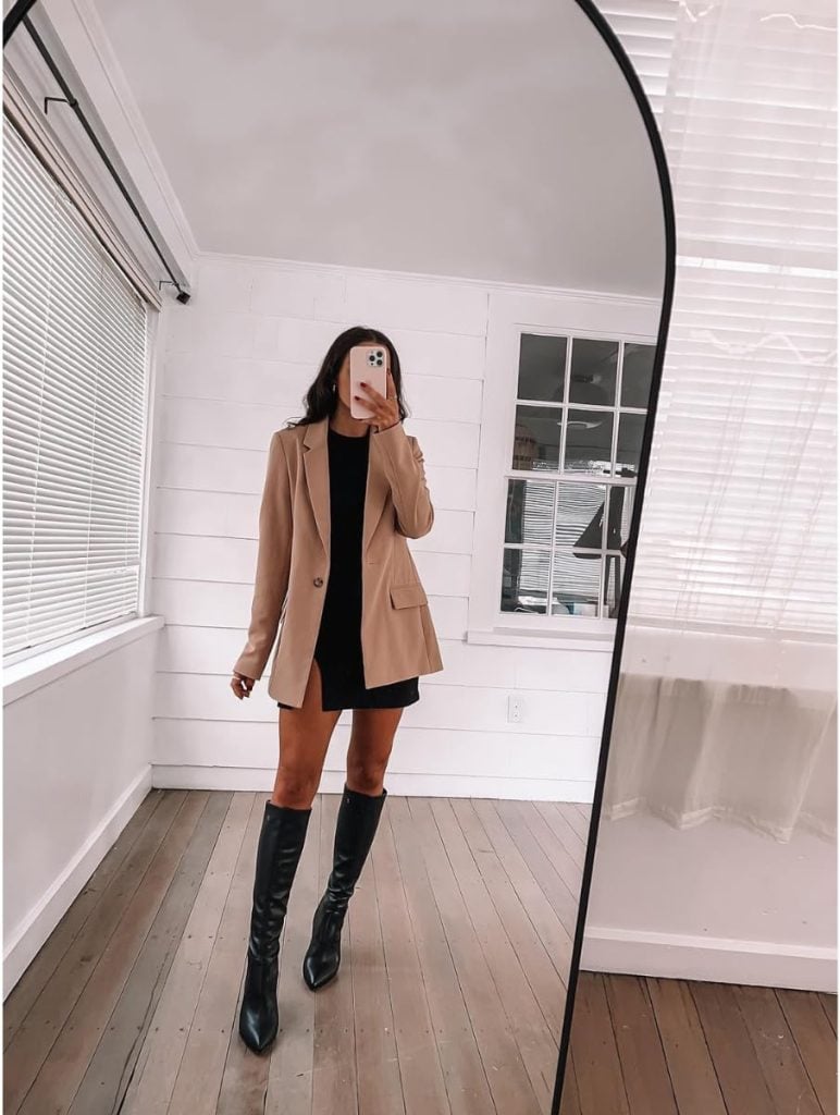 Longline blazer with mini skirt brunch outfit