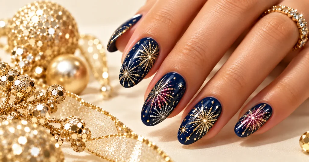 Firework Bursts on a Midnight Base simple new years nails design