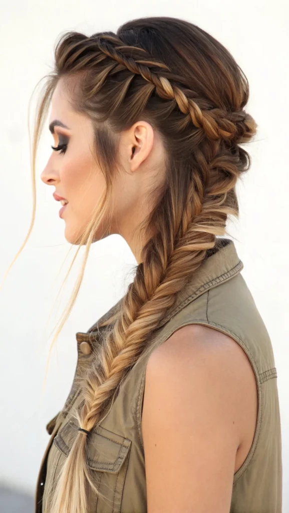Fishtail Braid Swept to One Side side part braids hairstyle