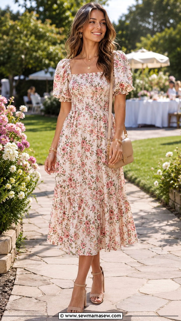 Floral midi dress with nude block heels for an evening out