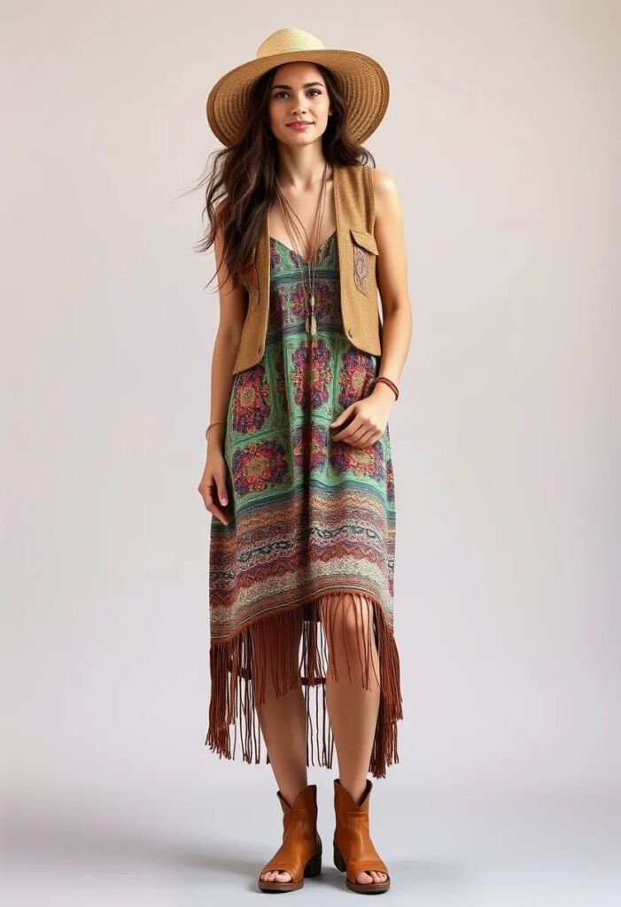 Fringed hem dress with cropped vest boho outfit