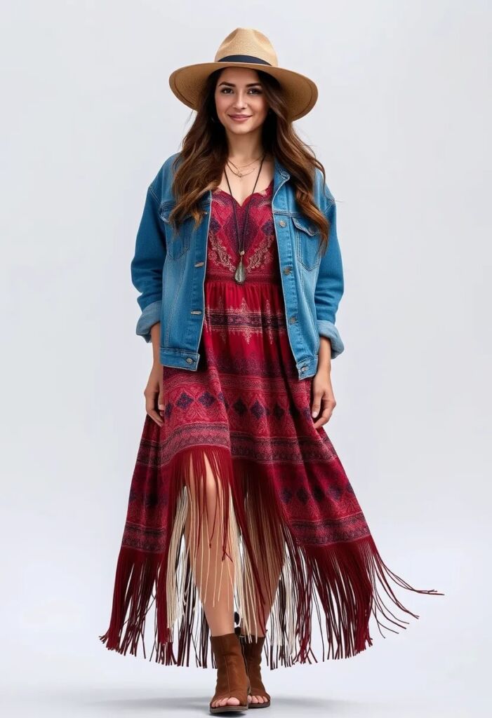 Fringed hem dress with denim jacket boho outfit