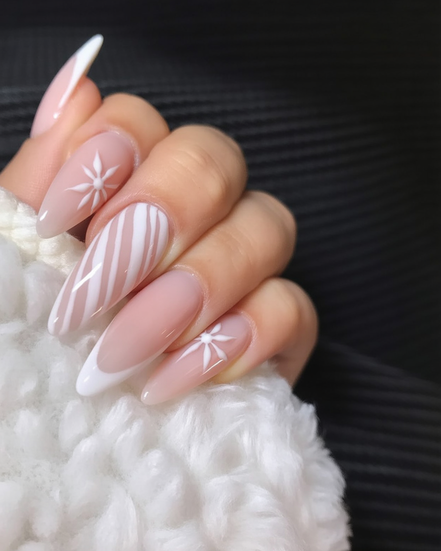 Sheer White Nails with Stripes and Starbursts classy Christmas nail manicure