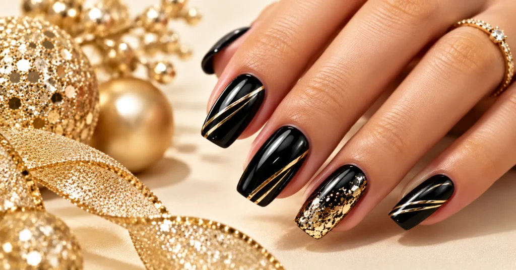 Black Polish with Gold Stripes and Foil simple new years nails design
