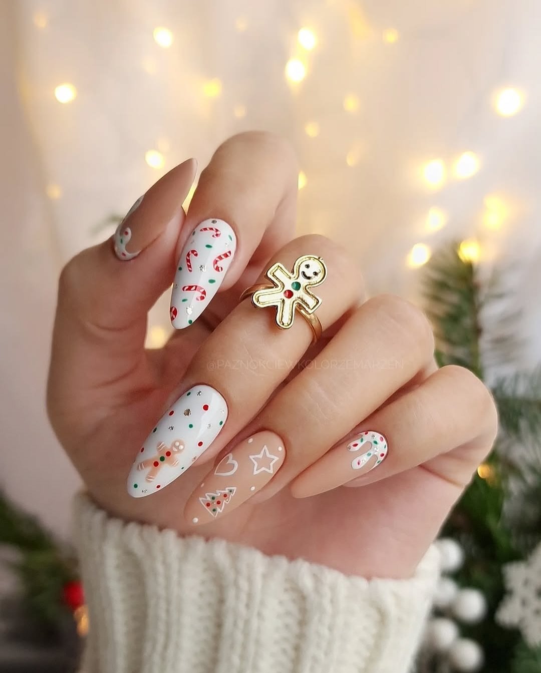 Dainty Gingerbread Nails with Polka Dots neutral Christmas nail design
