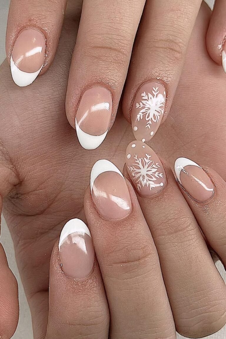 French Almonds with Snowflake Accents simple winter nail manicure
