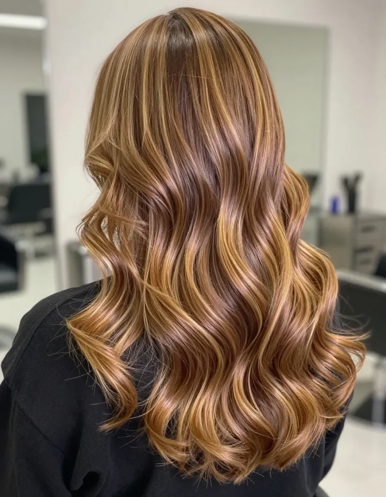 Caramel bronde hair with glossy body waves