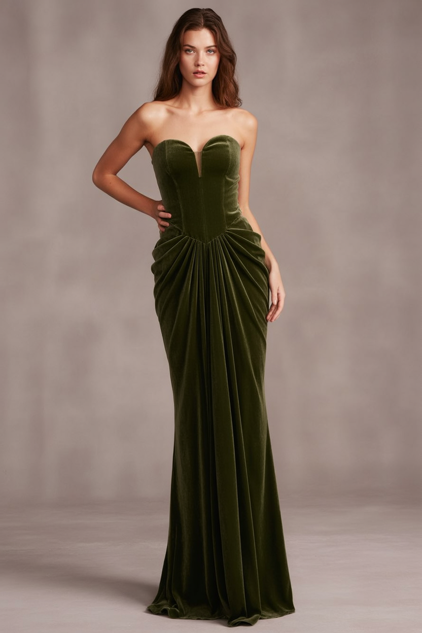 Olive velvet mermaid dress with draped hips formal outfit
