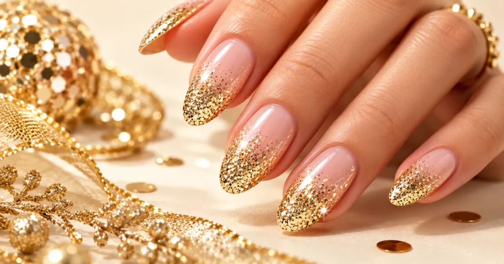 Gold Glitter Building from a Nude Base simple new years nails design