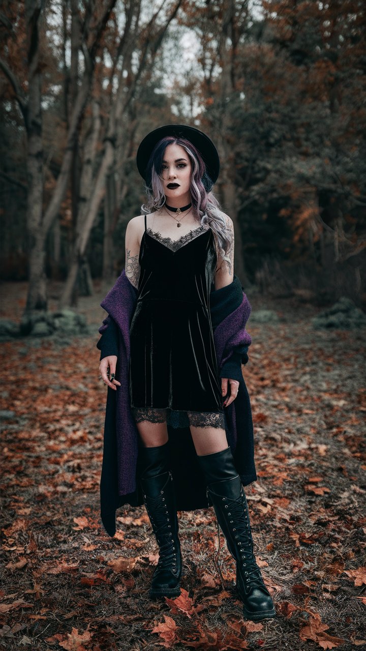 Black Velvet Dress with Lace Trim, a Purple Shawl and Thigh-High Boots goth outfit