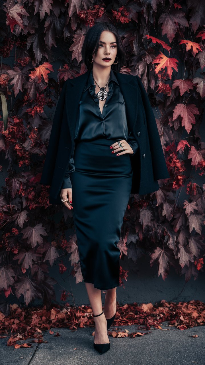 Black Satin Dress with a Matching Blazer and Heels goth outfit