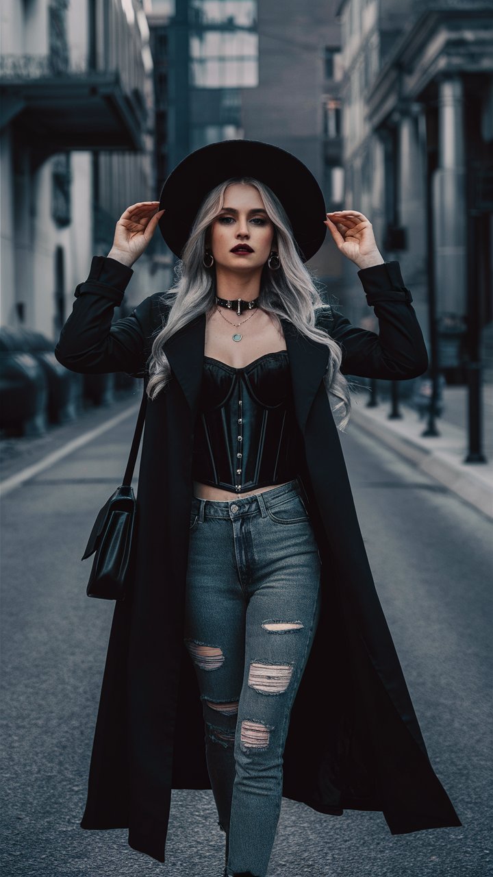 Long Black Coat with a Structured Corset and Distressed Jeans goth outfit