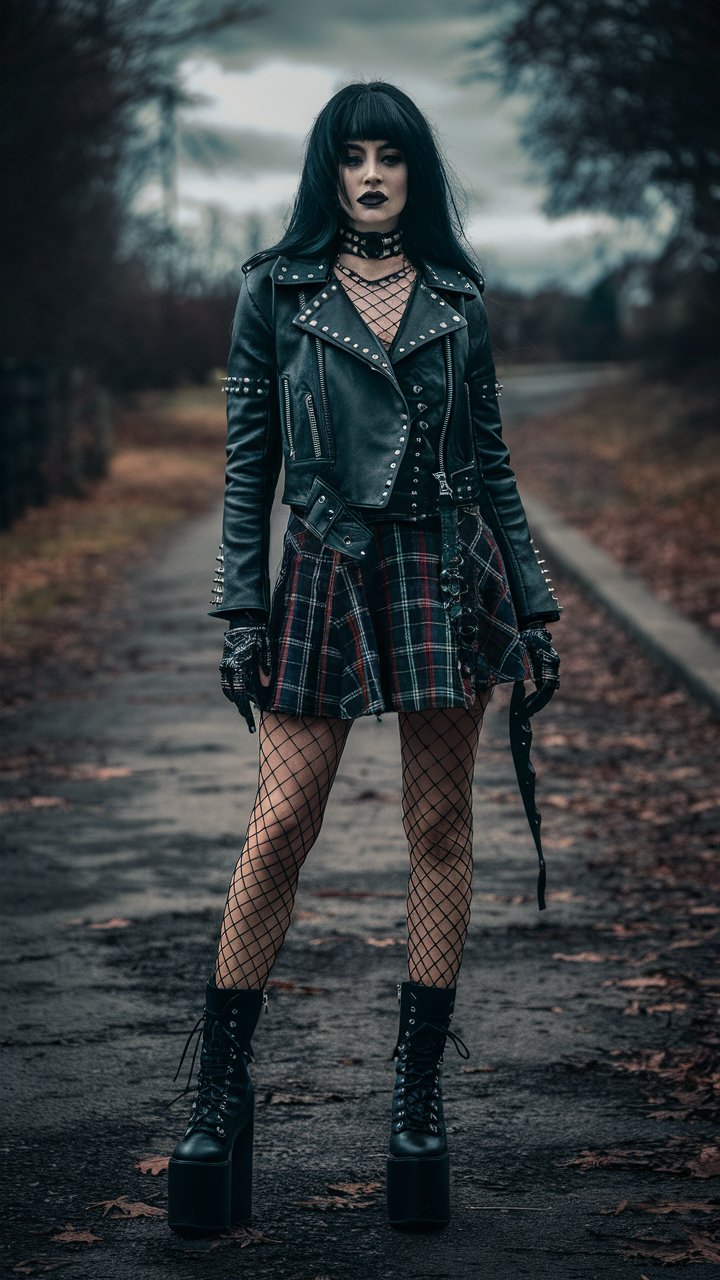 Studded Leather Jacket with a Plaid Skirt and Platform Boots goth outfit