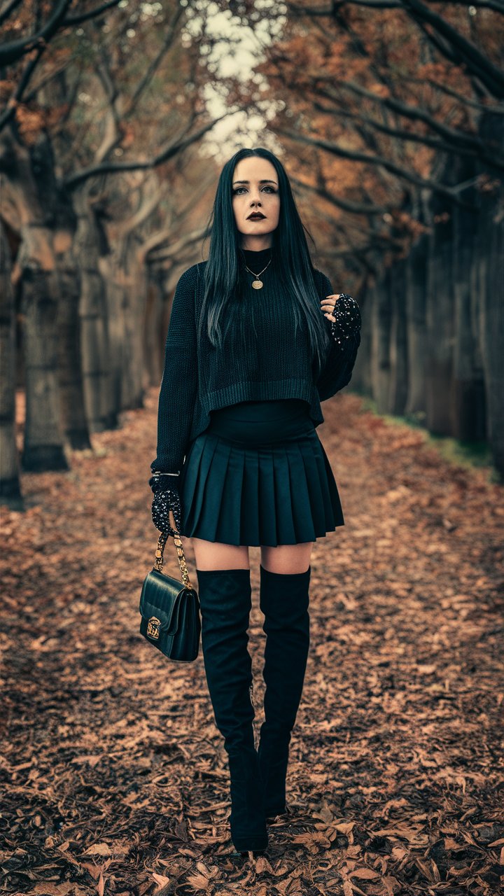 Black Sweater with a Pleated Skirt and Over-the-Knee Boots goth outfit