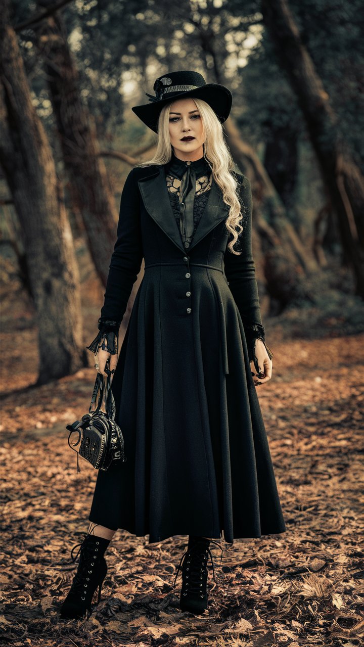 Long Black Coat with a Lace Blouse, Wide-Brimmed Hat and Lace Gloves goth outfit