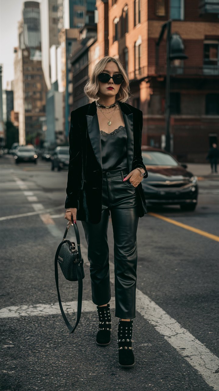 Black Velvet Blazer with Leather Pants and Studded Ankle Boots goth outfit