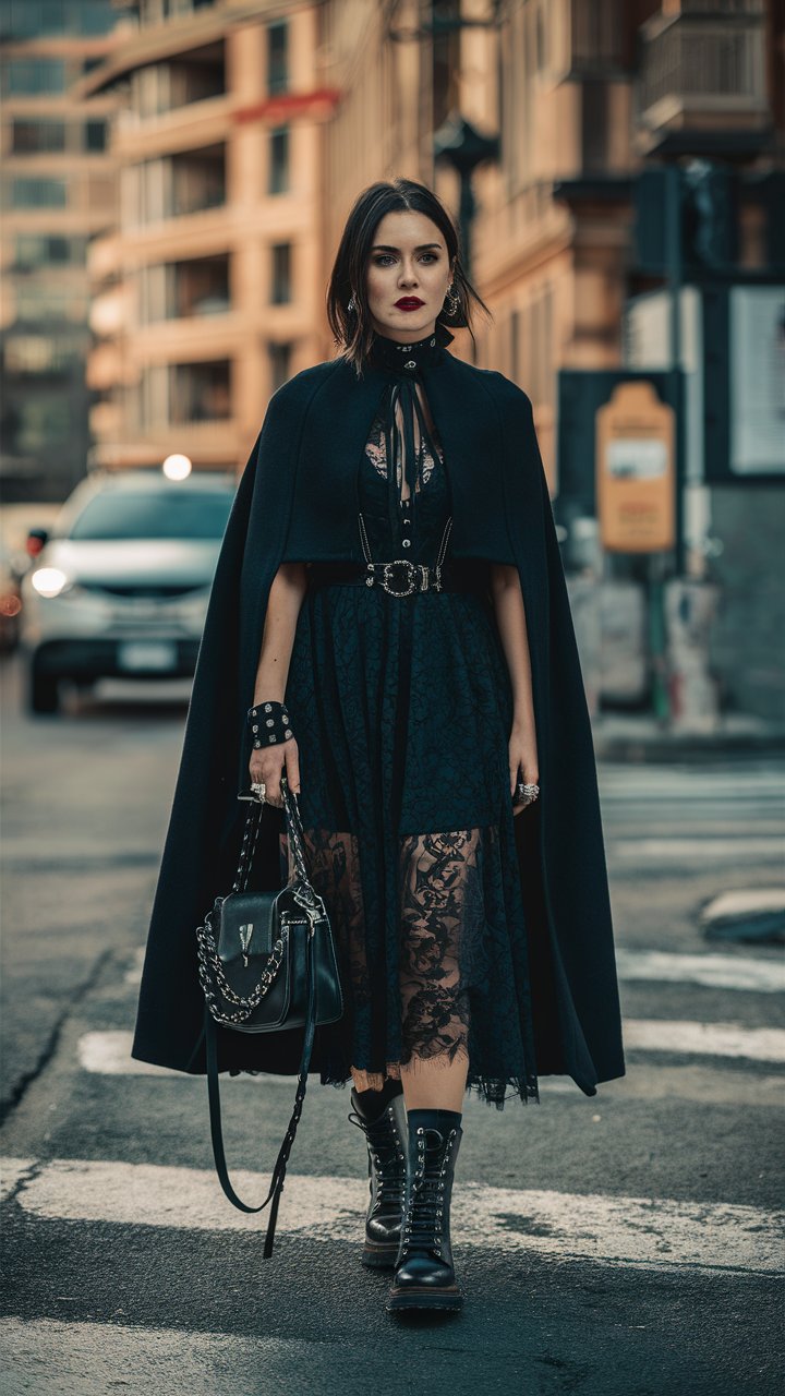 Black Cape with a Lace Dress and Combat Boots goth outfit