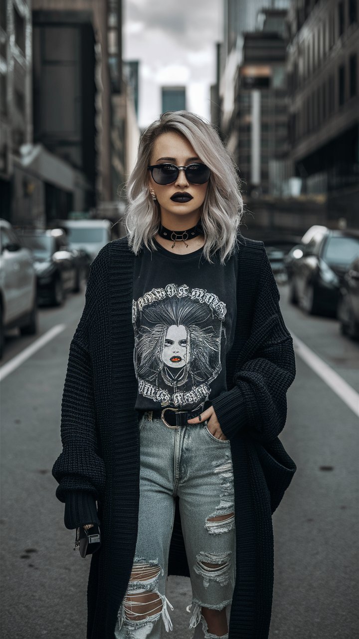 Graphic Tee with Ripped Jeans and a Long Black Cardigan goth outfit