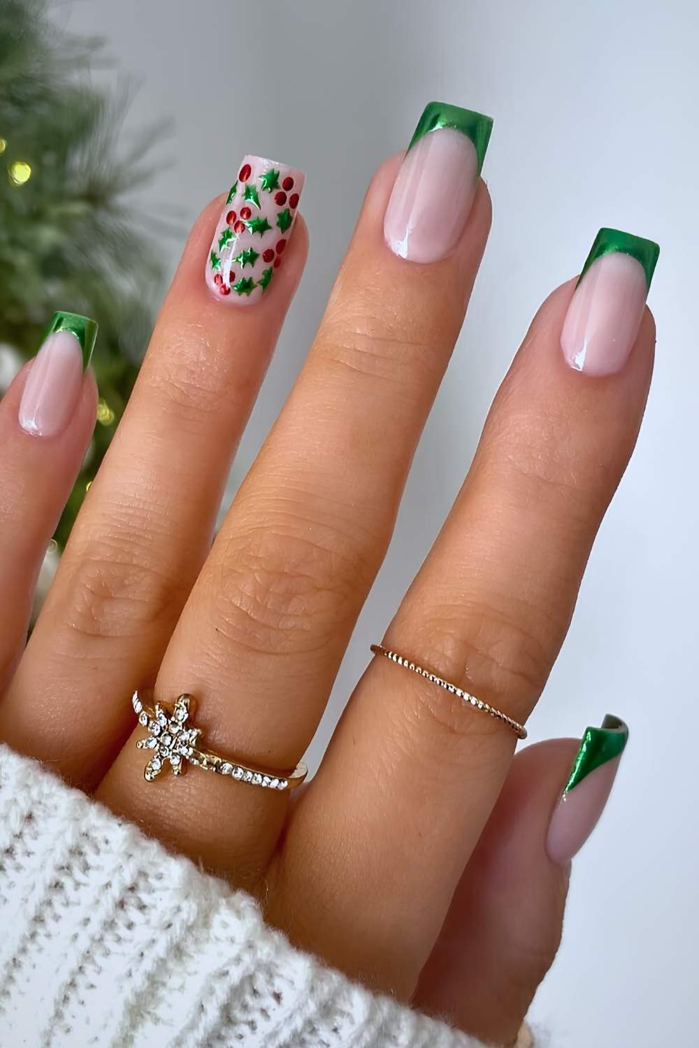 Metallic Green French Tips with Holly green christmas nail design