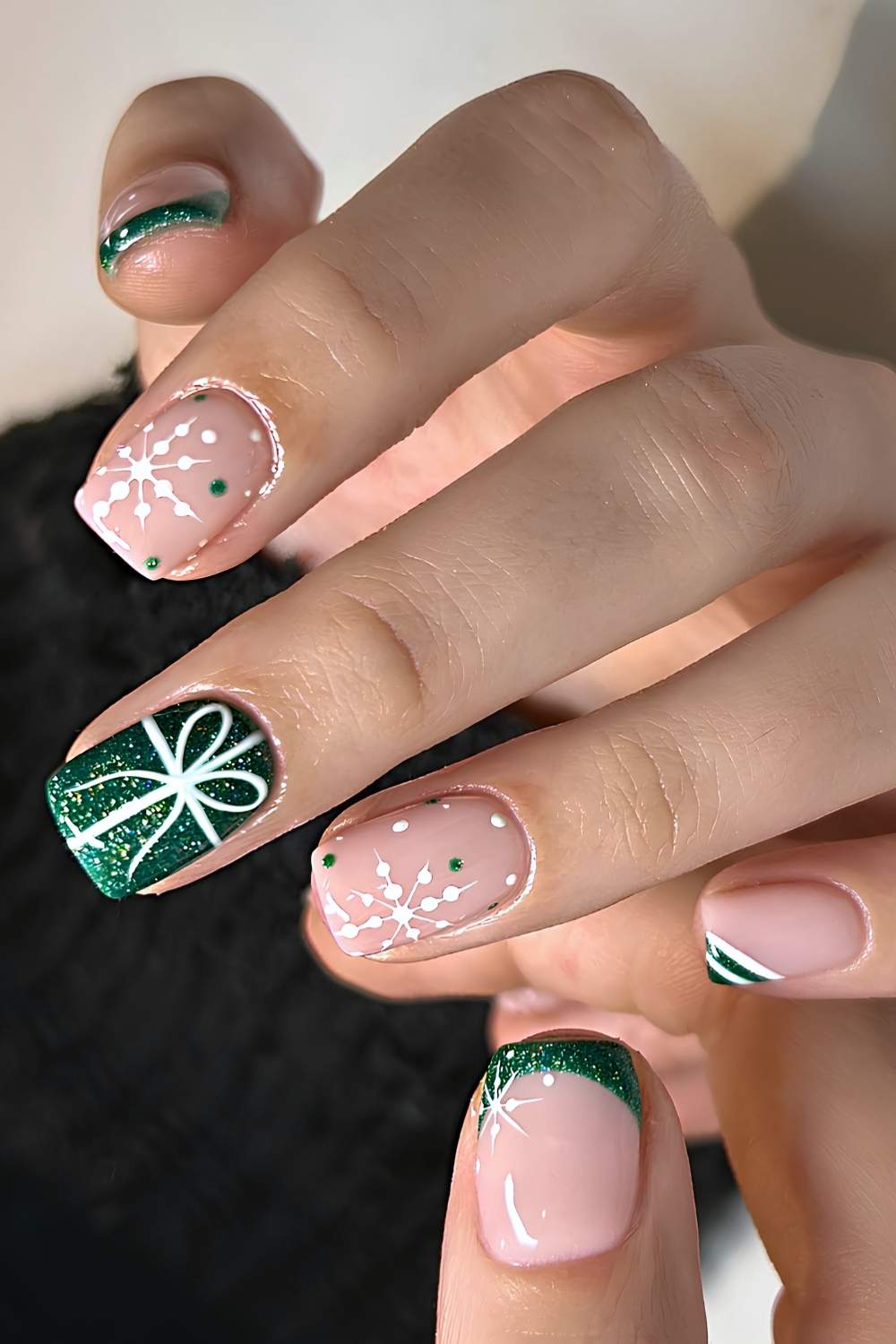 Green Glitter Nails with Gift-Bow Art green christmas nail design