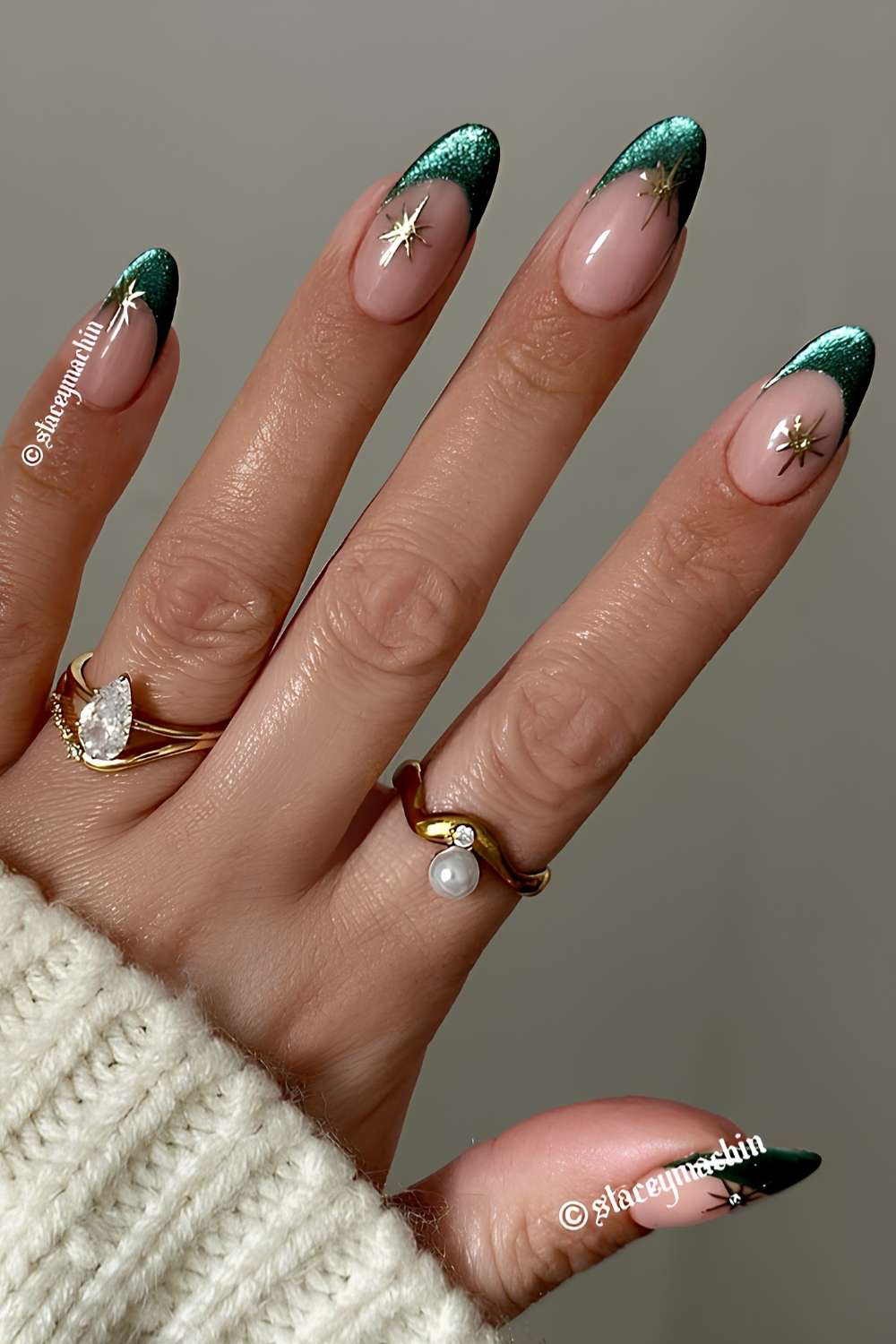 Green Velvet French Tips with Gold Starbursts elegant christmas nail design