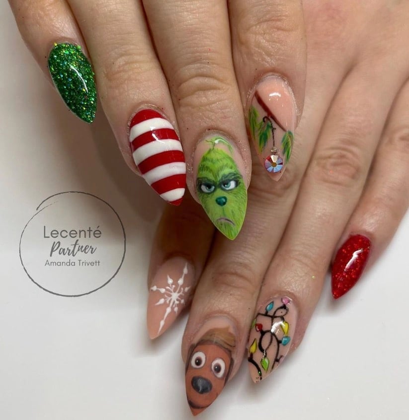 Grinch Holiday Nails with Candy Cane Stripes grinch nail design