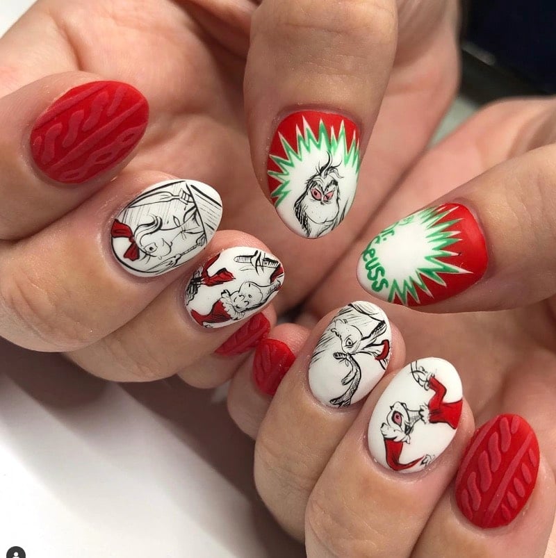 Grinch-Inspired Character Nails with Red Glitter grinch nail design