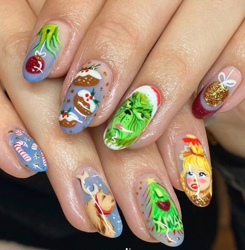 Grinch and Cindy Lou Who Nail Art grinch nail design