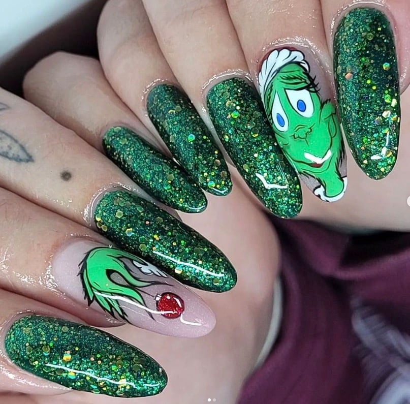 Grinch Green Glitter Nails with Character Art grinch nail design