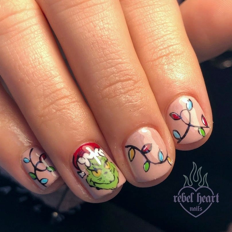 Grinch Character Oval Nails grinch nail design