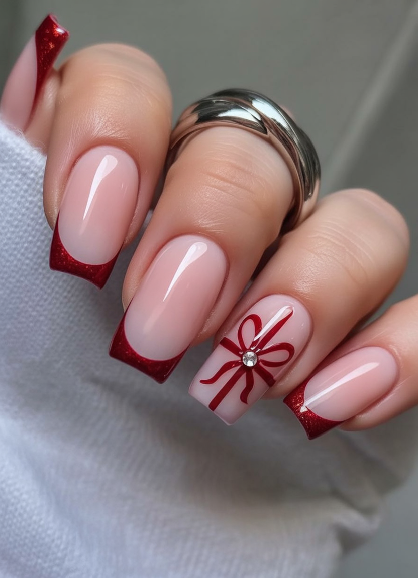 Square Red Gift Bow French Tips Christmas French tips nail design