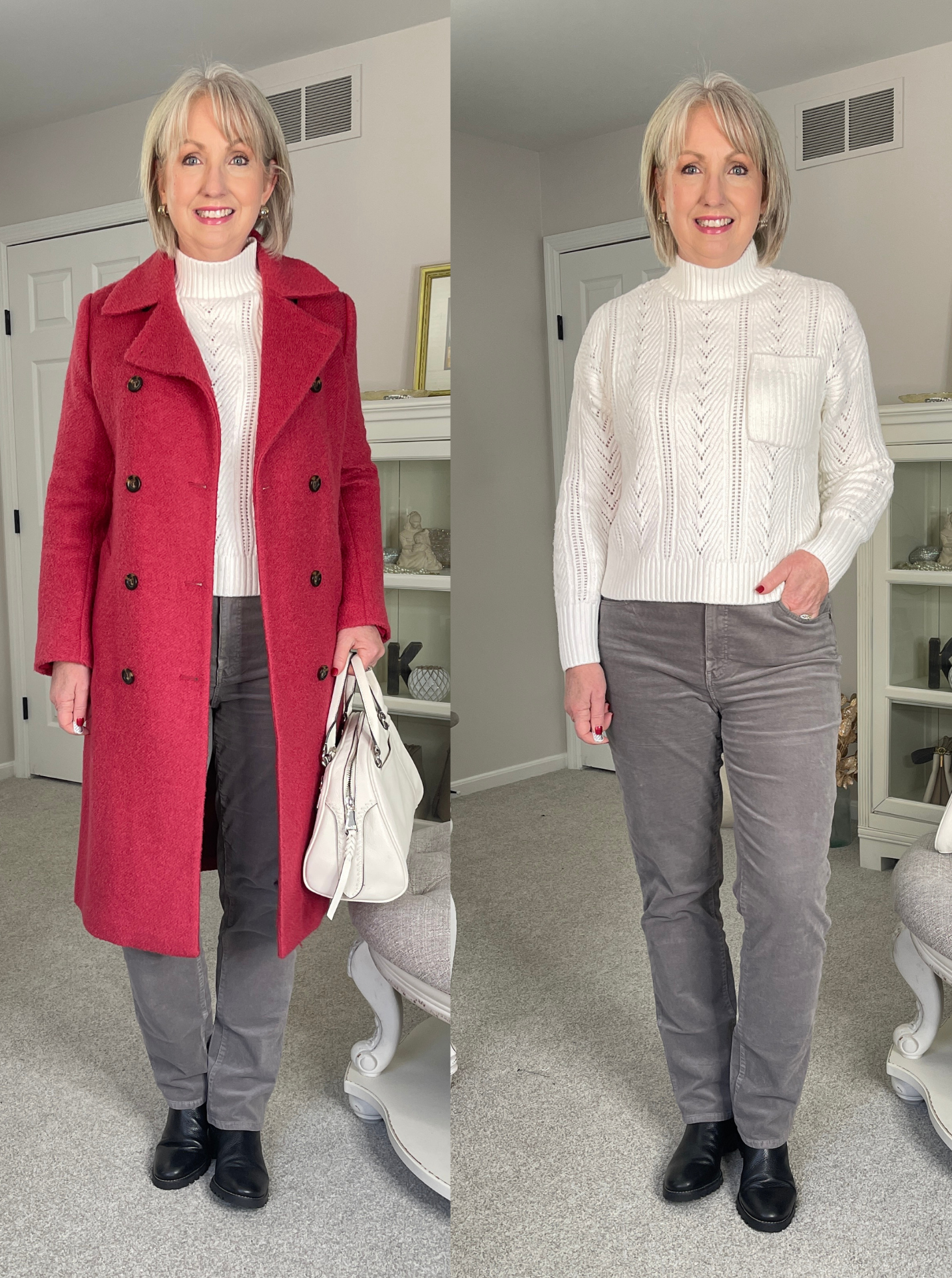 A deep brown coat with relaxed blue jeans chic style outfit